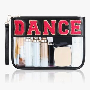 🆕 Dance Clear Wristlet Cosmetic Bag for Women - Black with Red Lettering
